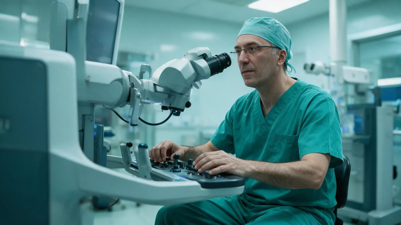 Cirurgião oncológico ao console de cirurgia robótica em centro cirúrgico